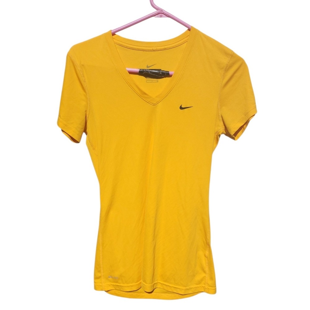 Nike Womens Dri-FIT V-Neck Short‎ Sleeve Athletic T-Shirt Yellow Size Small